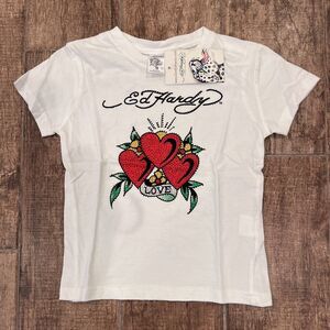 Ed Hardy Kids 3 Hearts with Rhinestones On White T-Shirt Size 4